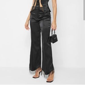 Maniere De Voir Satin Trousers with Beaded Fringe - Black